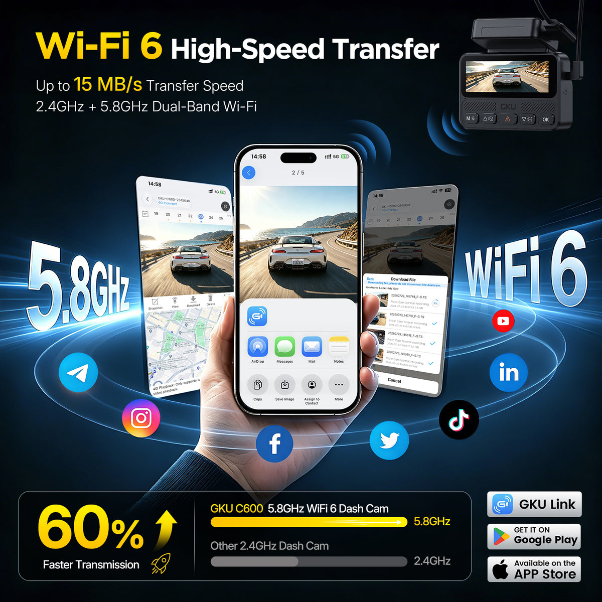 GKU C600 4G LTE Dash Cam with Cloud Storage, Wireless Dash Cam Front and Rear with WiFi 6