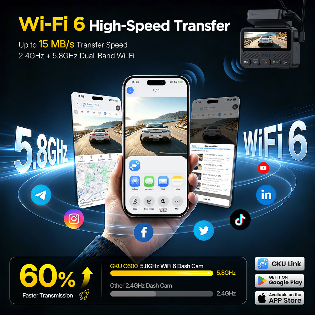 GKU C600 4G LTE Dash Cam with Cloud Storage, Wireless Dash Cam Front and Rear with WiFi 6