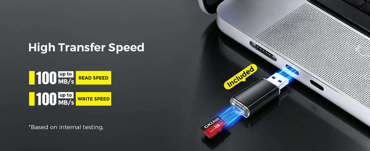 GKU 128GB microSD card with included card reader and up to 100MB/s read and write speed