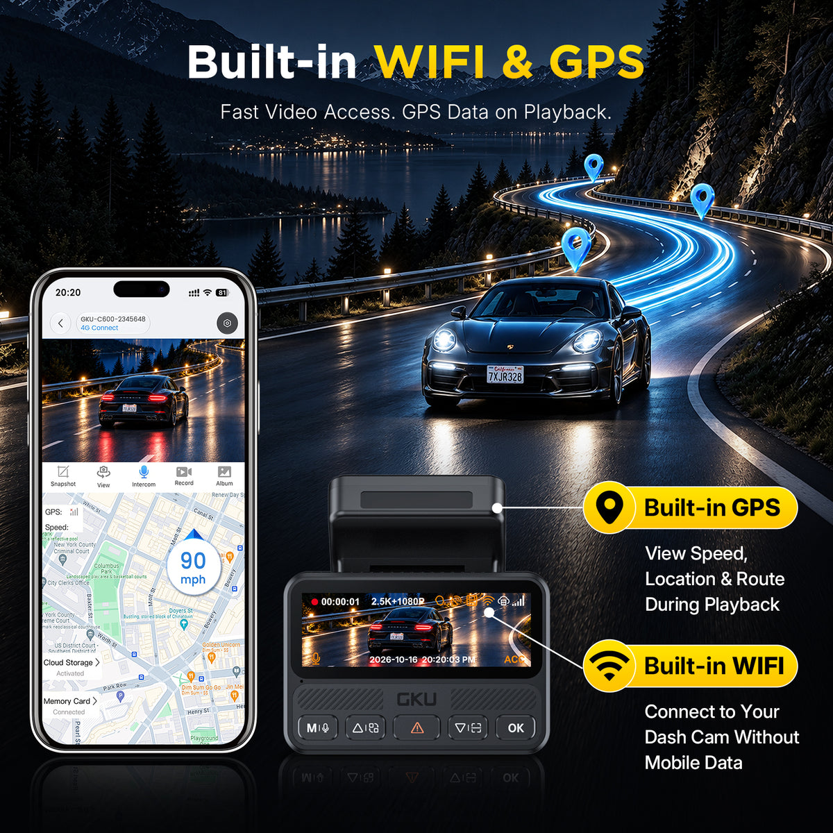 GKU C600 4G LTE Dash Cam with Cloud Storage, Wireless Dash Cam Front and Rear with WiFi 6
