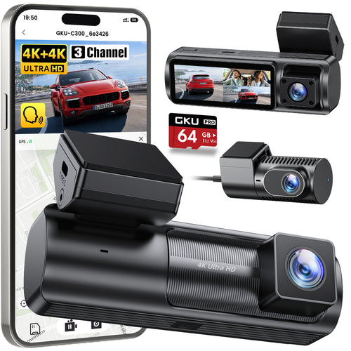 GKU C300 3-Channel Dash Cam |Front, Cabin, Rear