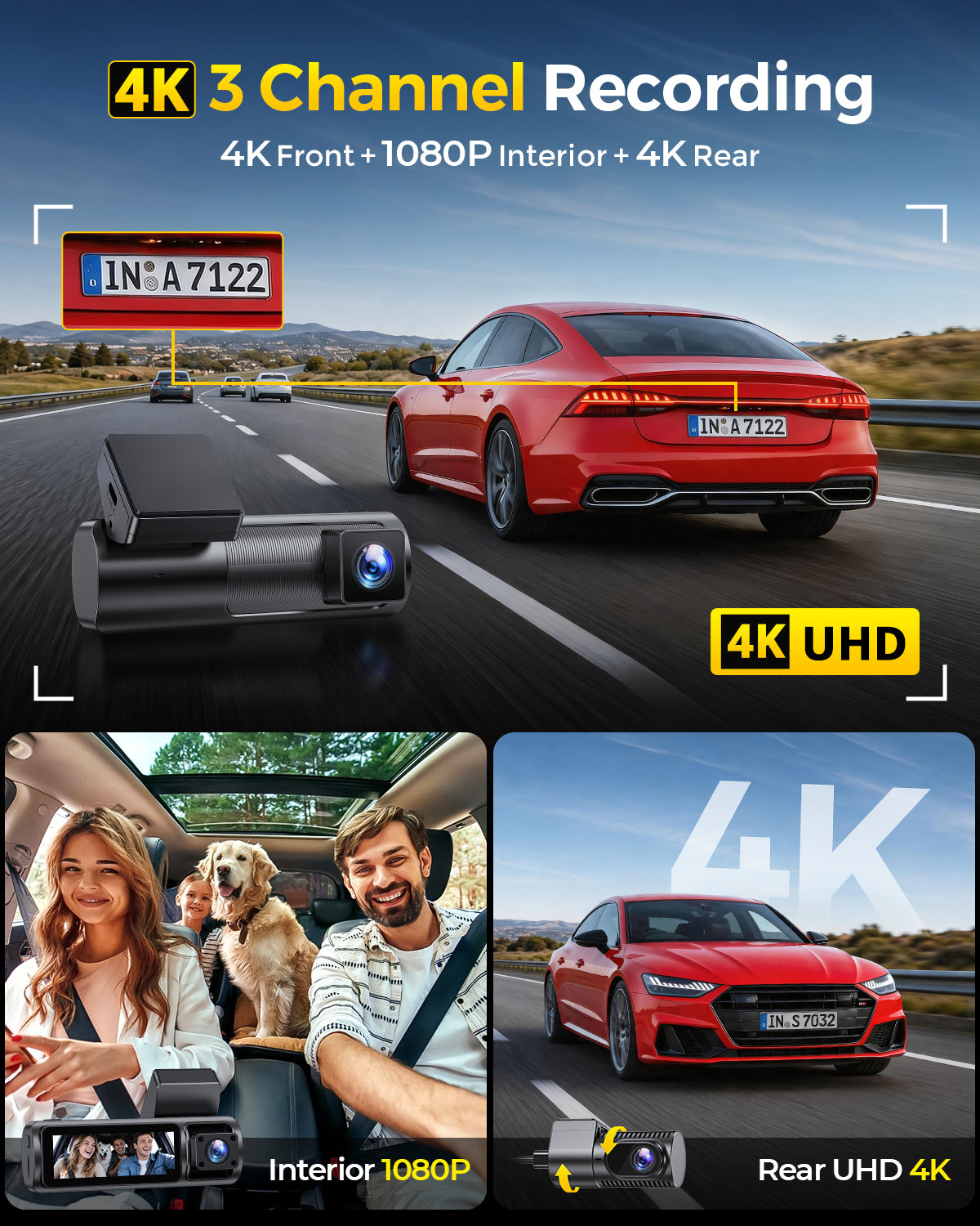 GKU C300 3-Channel Dash Cam |Front, Cabin, Rear