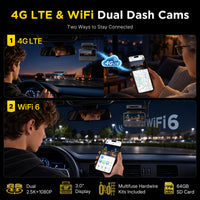 GKU C600 4G LTE Dash Cam with Cloud Storage, Wireless Dash Cam Front and Rear with WiFi 6