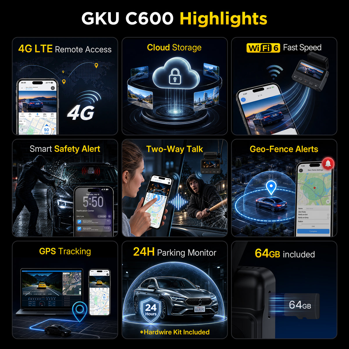 GKU C600 4G LTE Dash Cam with Cloud Storage, Wireless Dash Cam Front and Rear with WiFi 6
