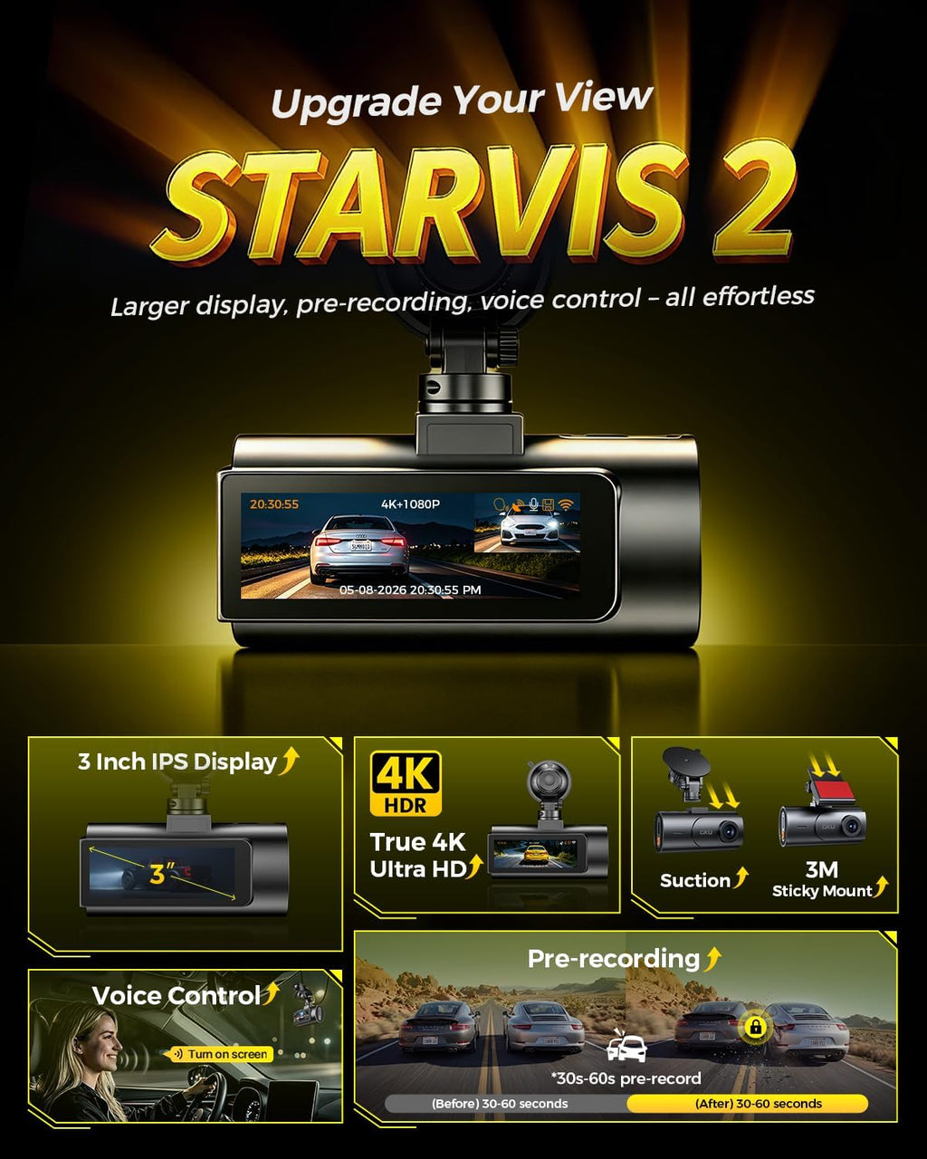 GKU D600 Pro Max 4K Dash Cam Front and Rear with STARVIS 2