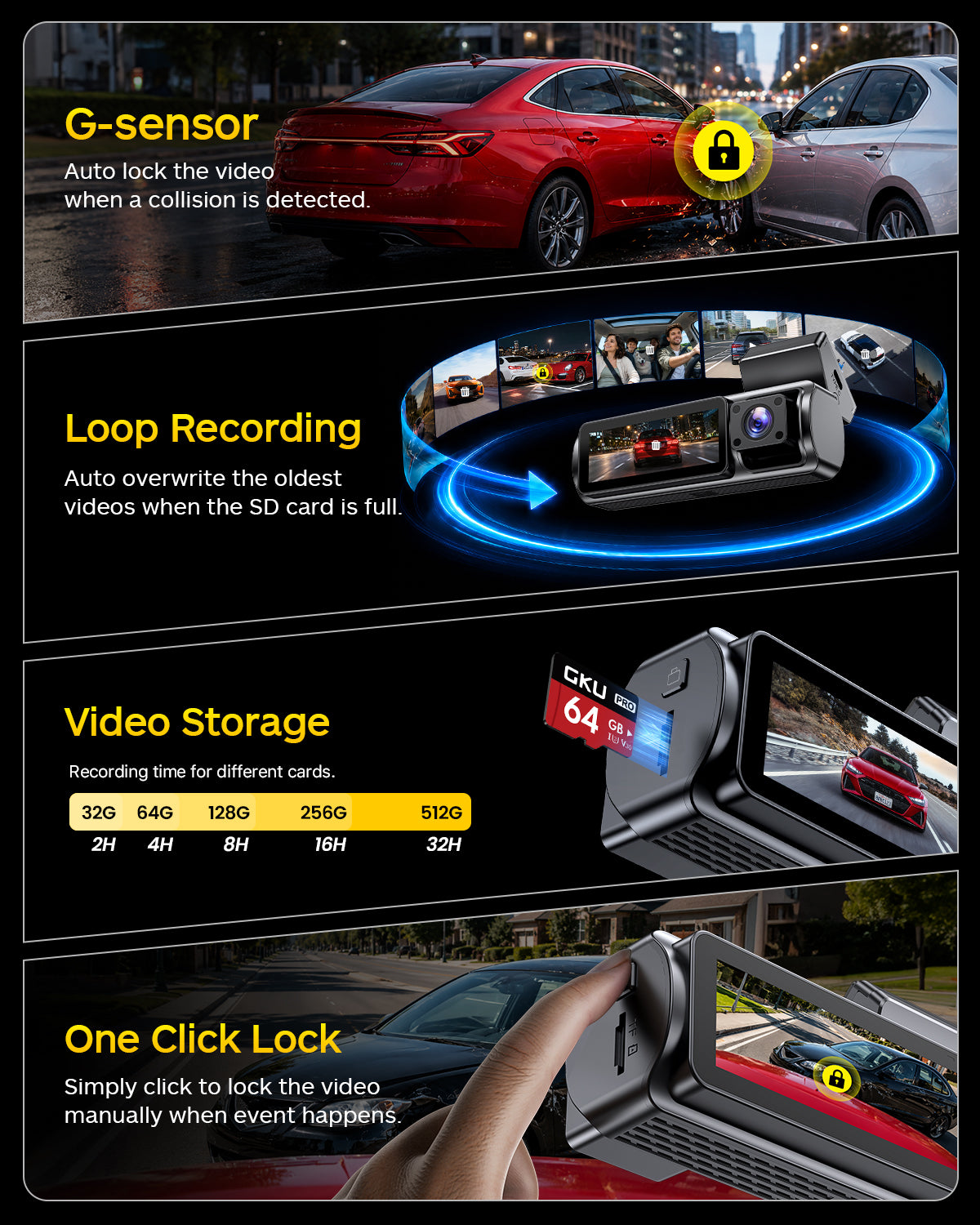 GKU C300 3-Channel Dash Cam |Front, Cabin, Rear