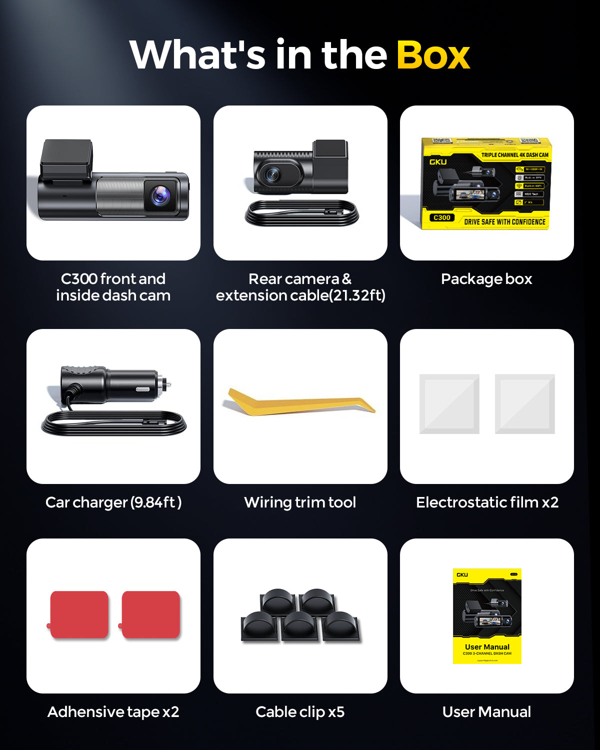 GKU C300 3-Channel Dash Cam |Front, Cabin, Rear
