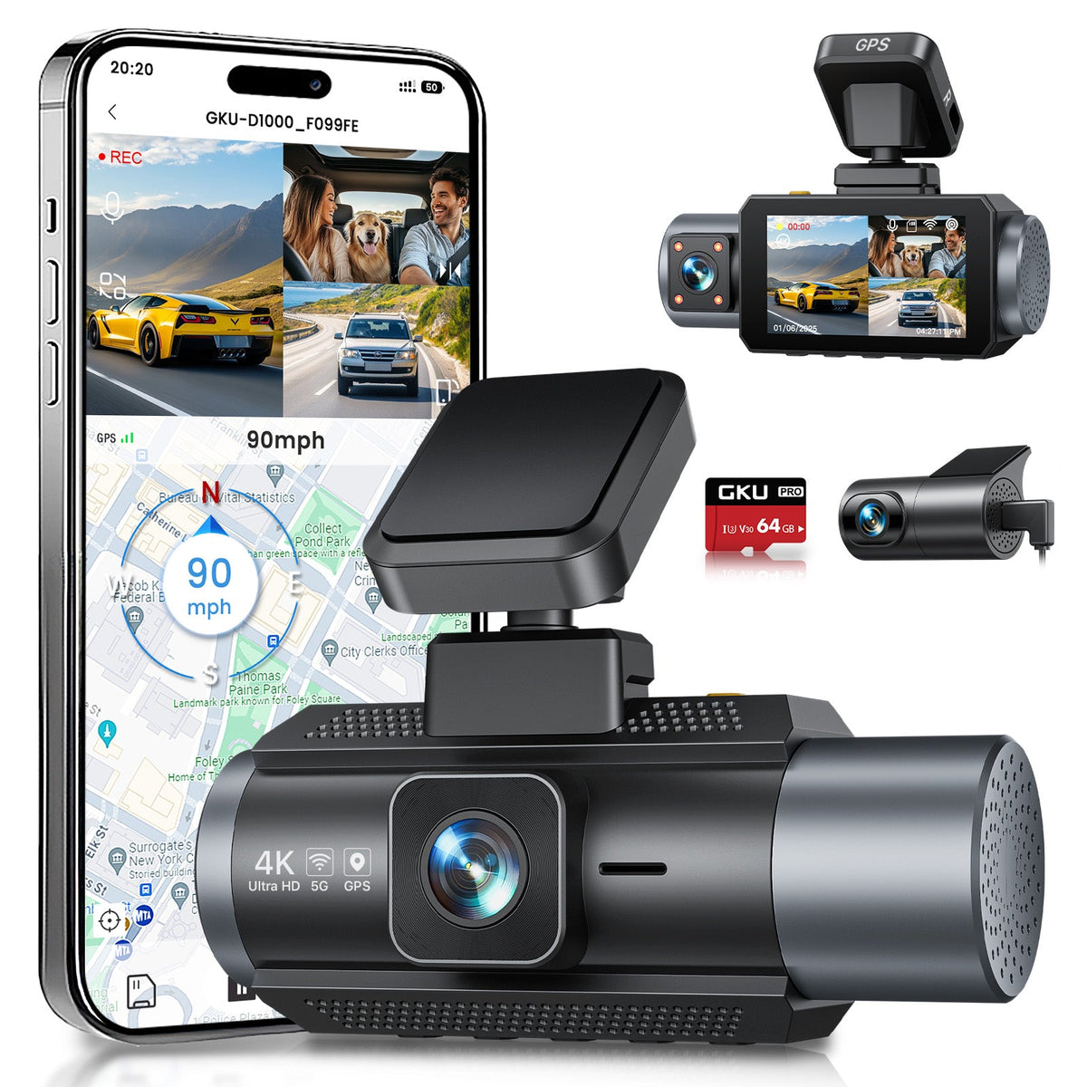 GKU D1000 3 Channel 5.8GHz WiFi Dash Cam - gkutech