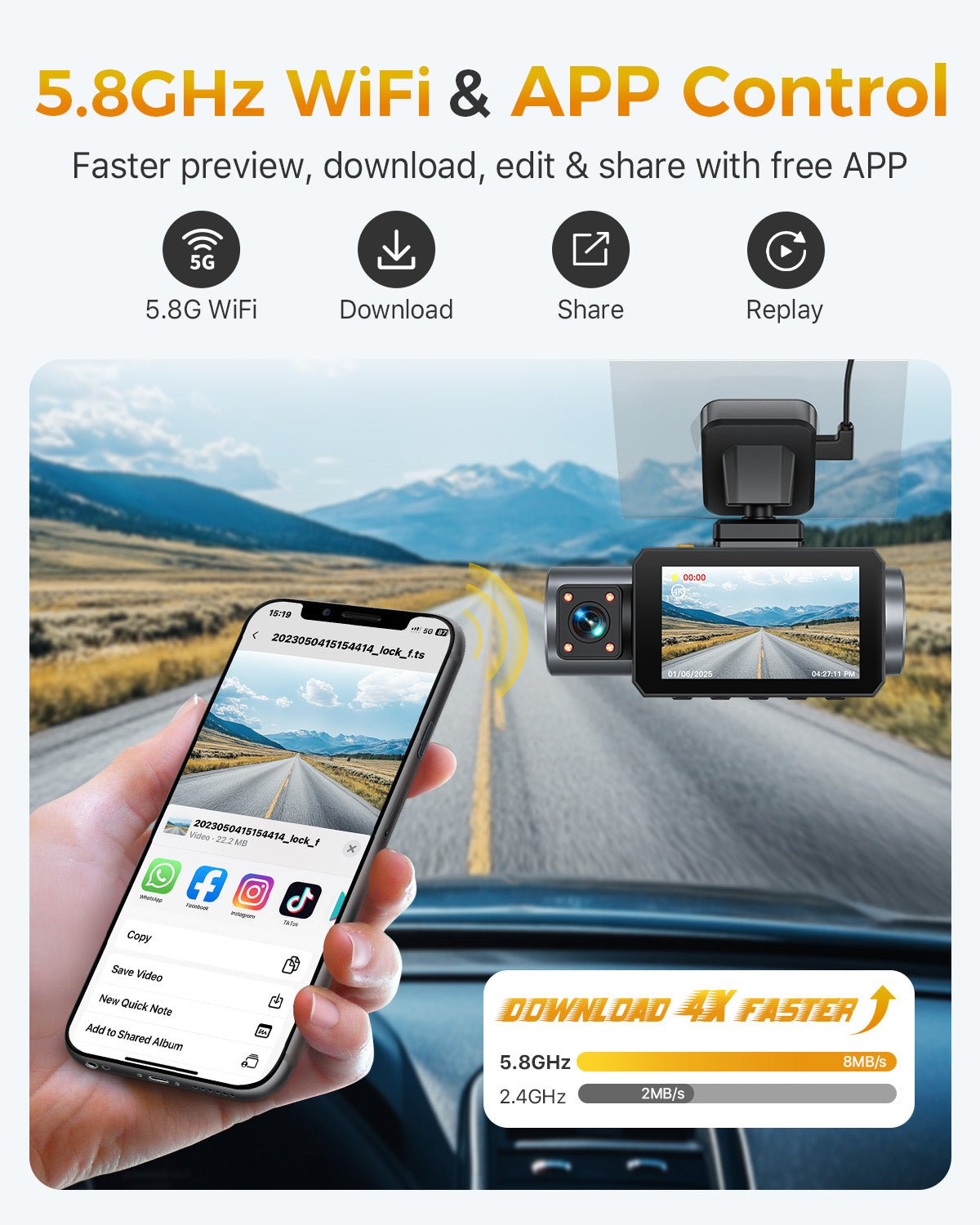 GKU D1000 3 Channel 5.8GHz WiFi Dash Cam - gkutech